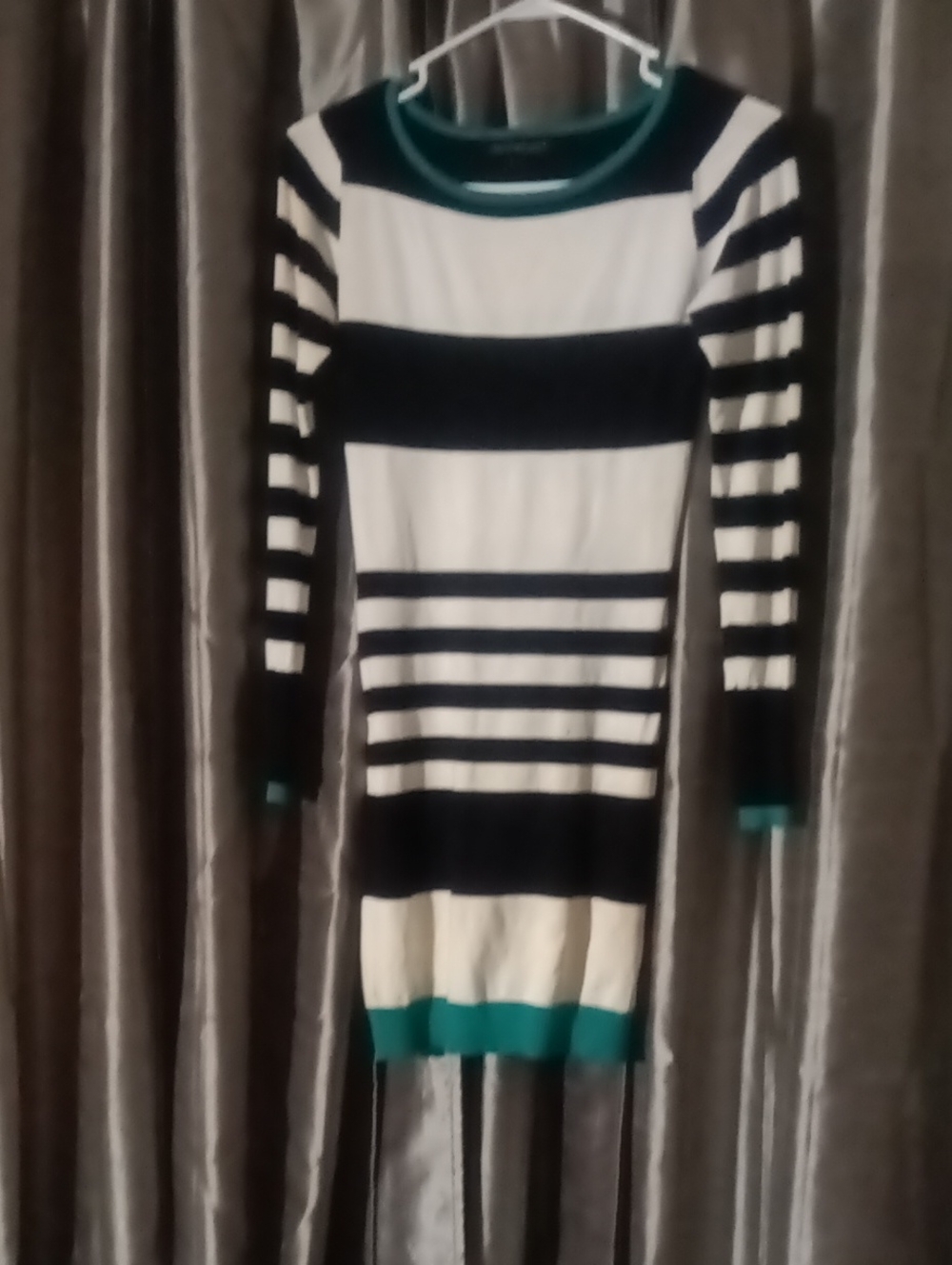 Derek Heart Black & White Striped Long Sleeve Knit Dress with Teal Accents